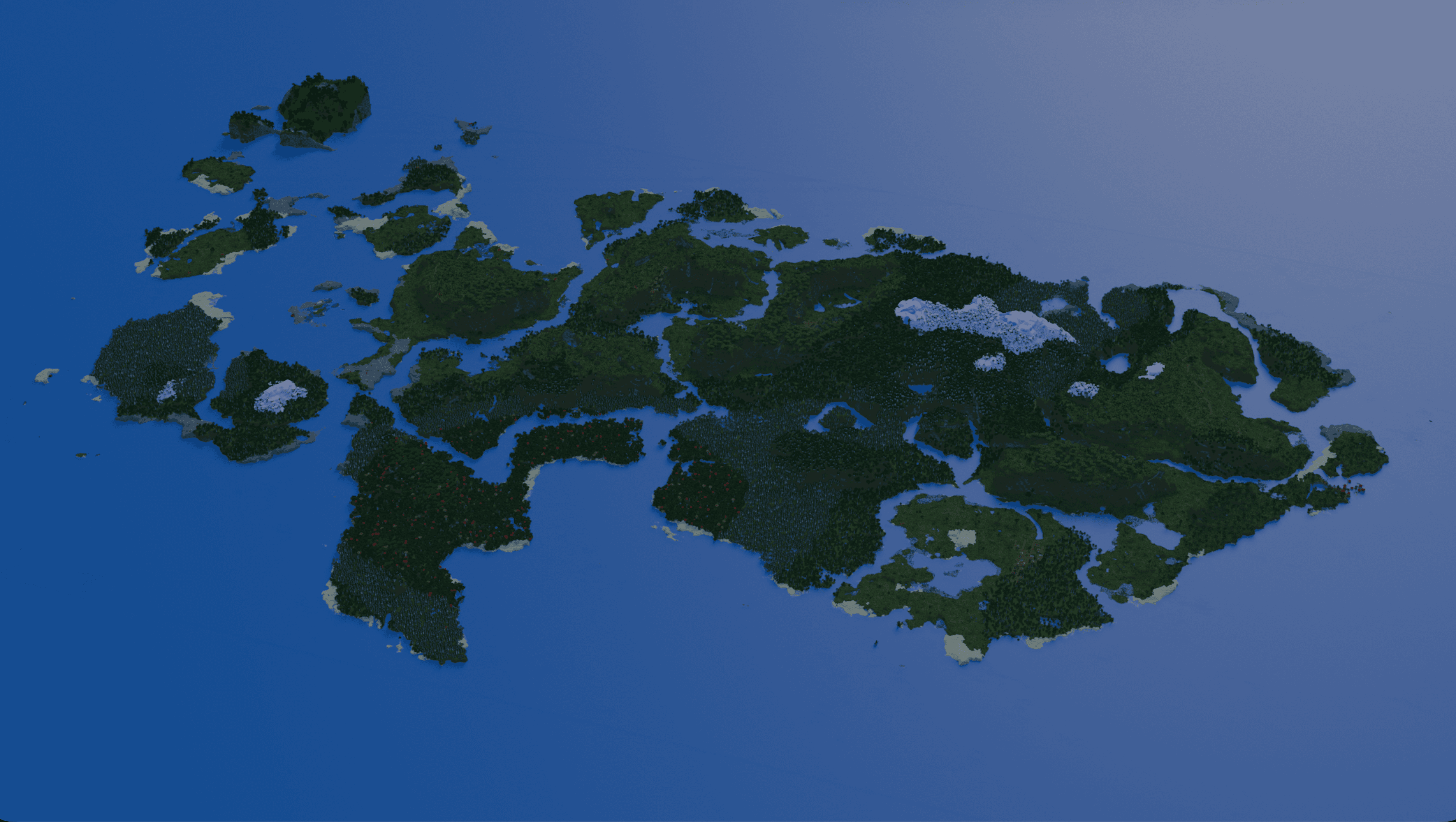 Aerial overview of the continent of Trimere surrounded by ocean.