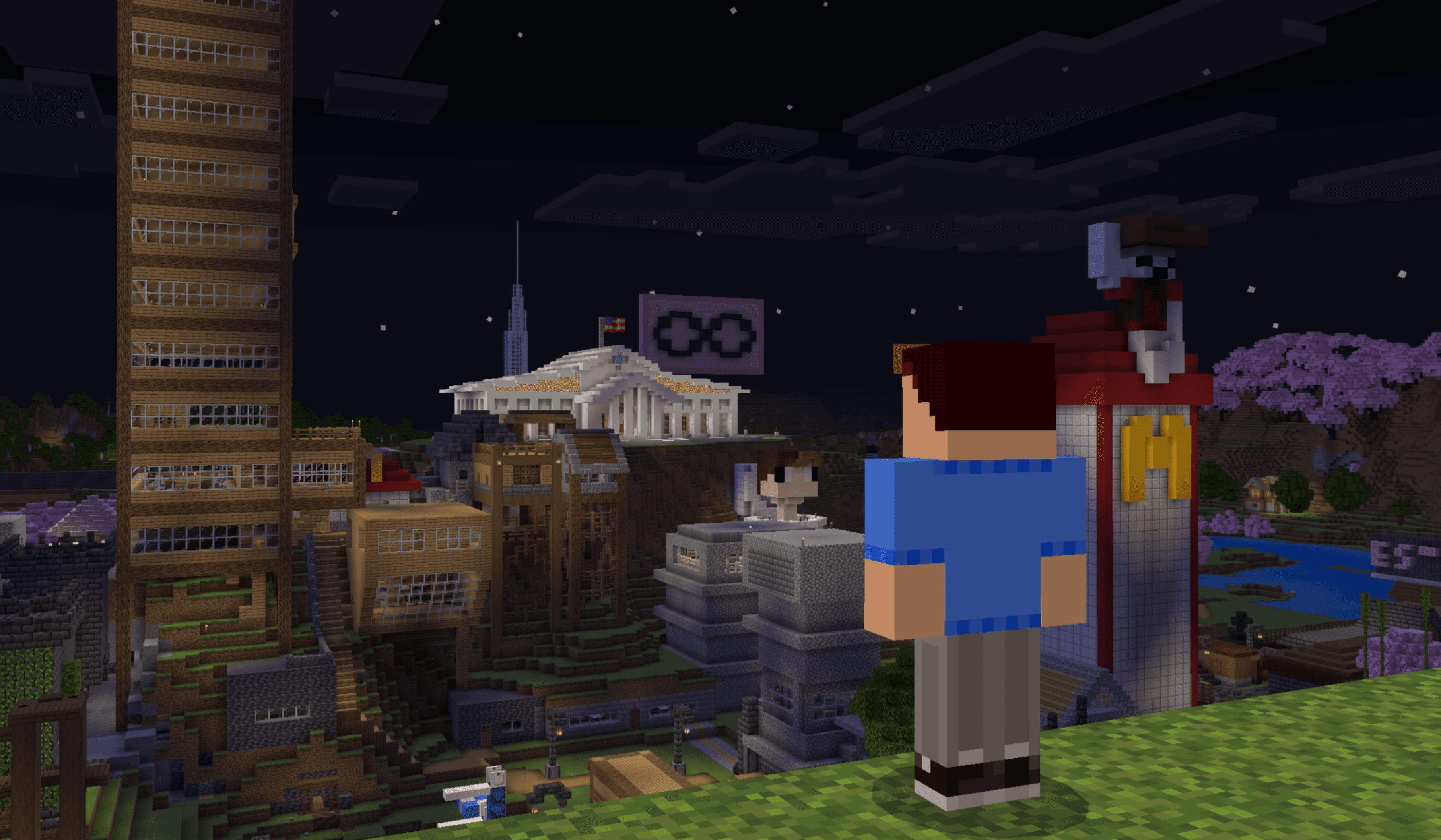 Player overlooking a large Community Realm city at night.