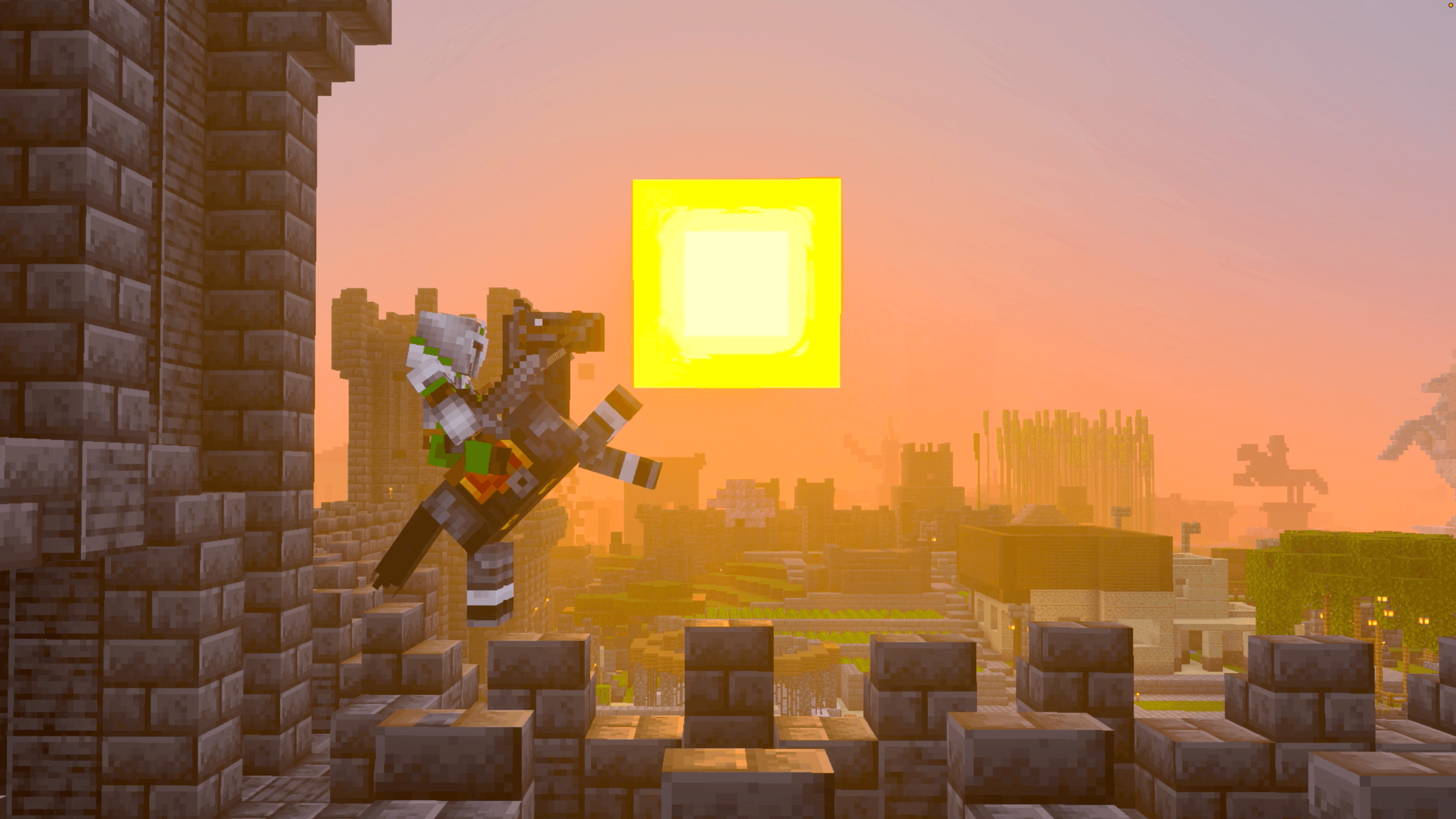 A player riding a horse through a city at sunset.
