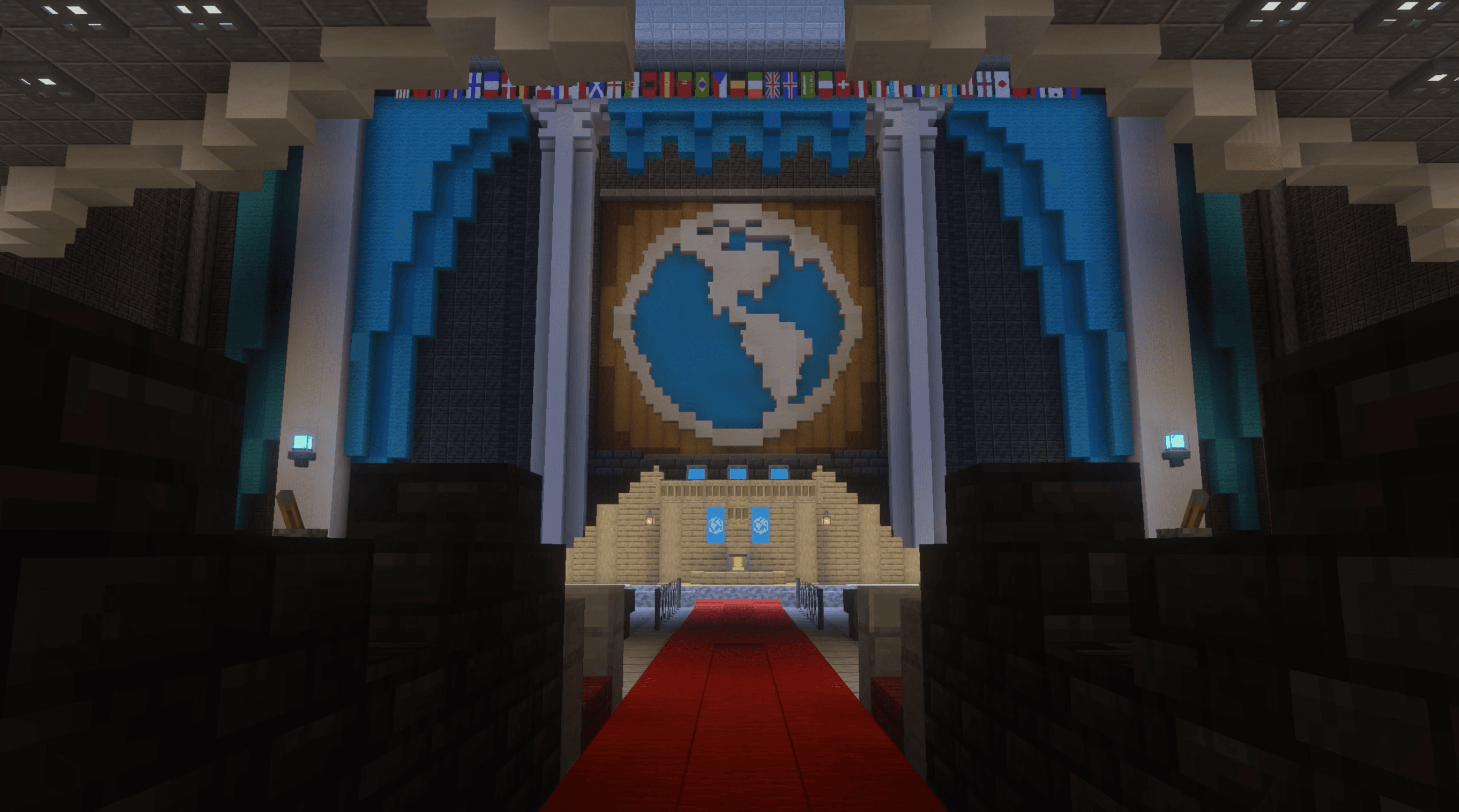 Community Realm United Nations chamber with podium, flags, seating, red aisle, and world emblem.