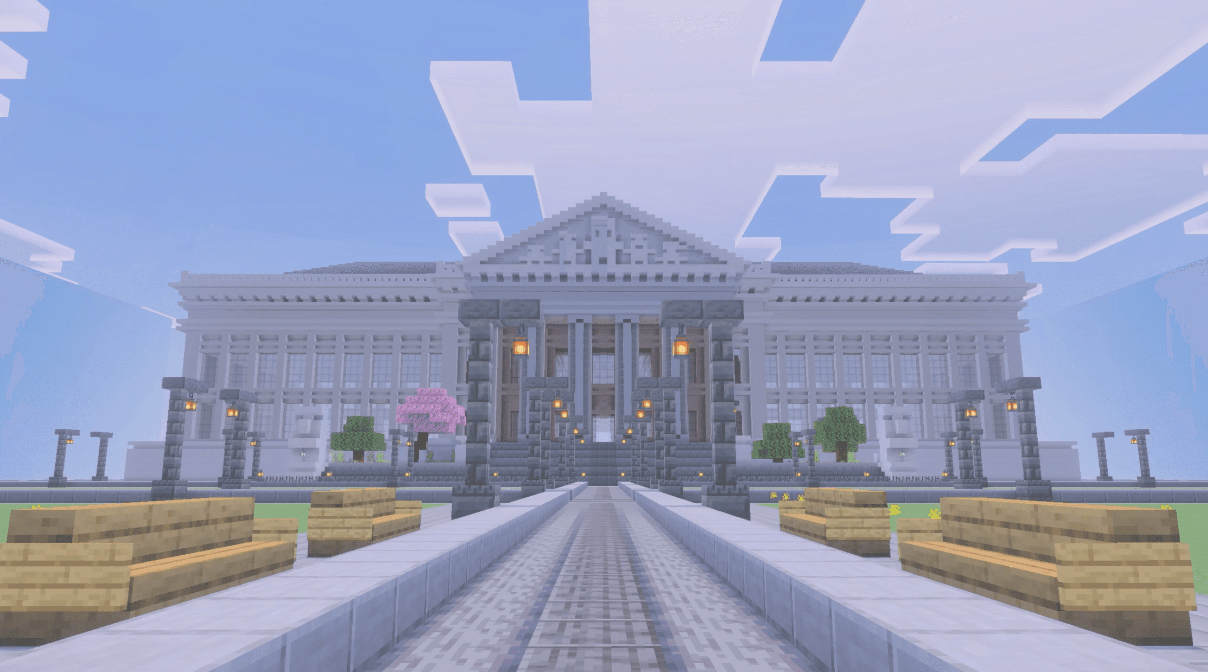 Large white government building constructed by players on Community Realm.